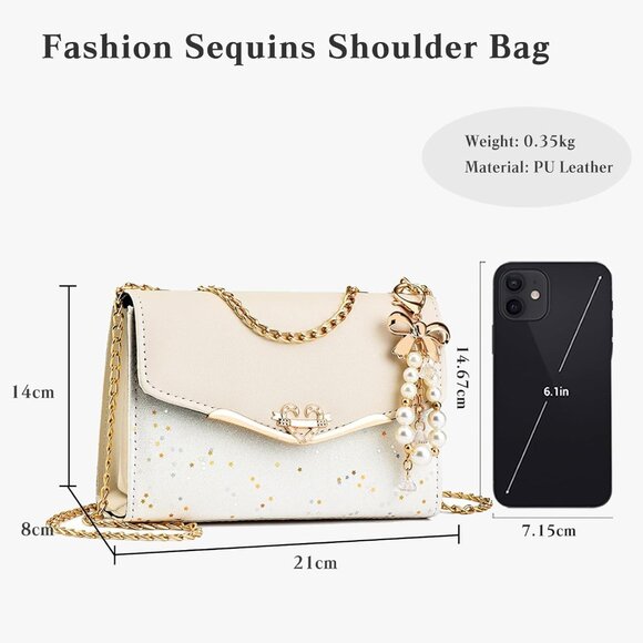 Beige PU Leather Glitter Handbag with Heart & Pearl Decor, Versatile Style - Picture 3 of 9
